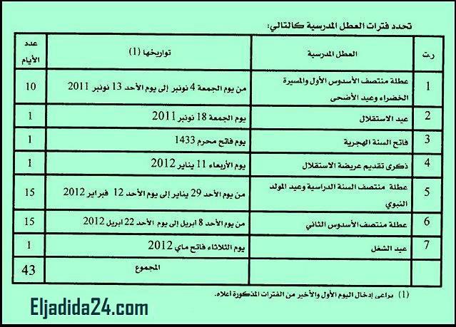 جدول العطل المدرسية للموسم الدراسي 2011/2012