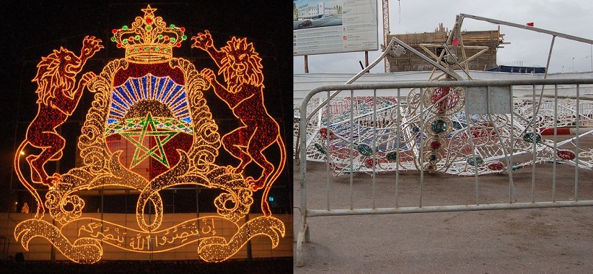 الرياح و الامطار تسقط شعار المملكة المغربية الذي أضاء مدينة الجديدة بمناسبة معرض الفرس (صور)