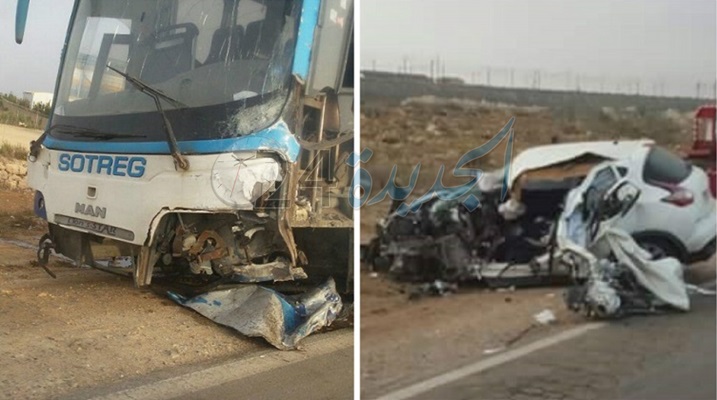 بالصور.. سيارة رباعية الدفع تصطدم بحافلة للفوسفاط وتنقلب قرب الجرف الأصفر