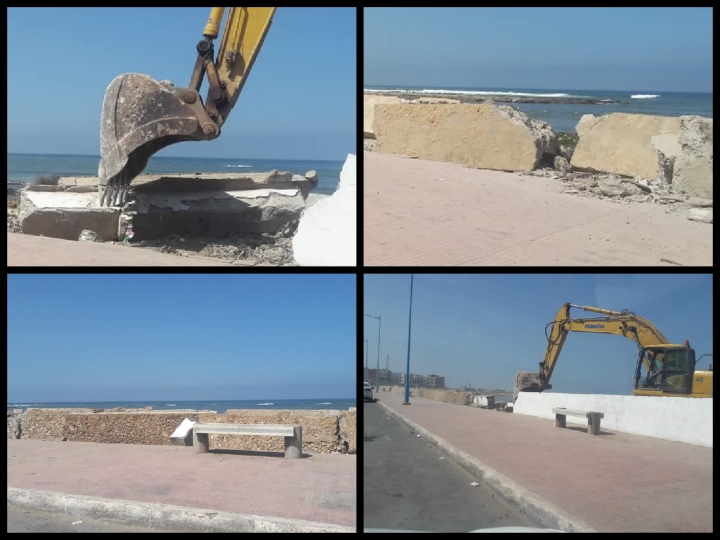 هدم جزء من سور شارع النصر لانجاز مشروع تهيئة الطريق الساحلية بين الجديدة وسيدي بوزيد