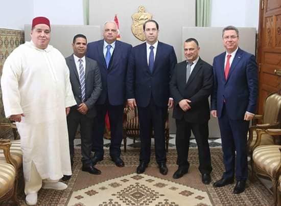 فؤاد مسكوت رئيس الاتحاد الإفريقي برفقة رئيس الاتحاد الدولي للمصارعة في ضيافة رئيس الحكومة التونسية