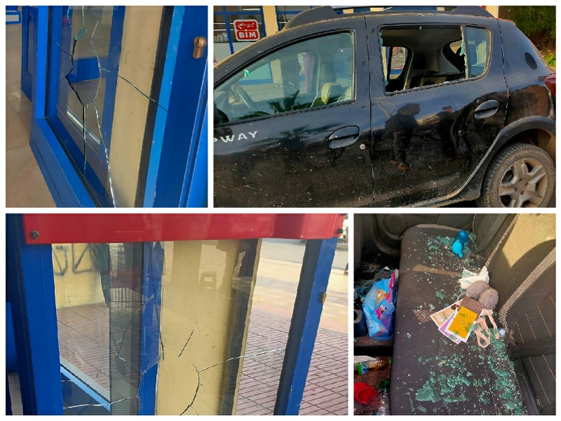 مقرقب يهشم زجاج سيارة وواجهة محل تجاري كبير بآزمور