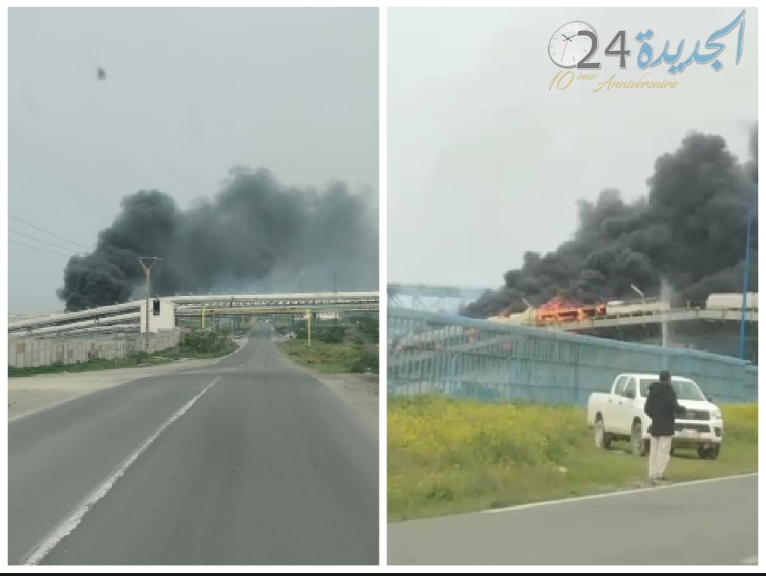 شاهد.. اندلاع حريق في شريط نقل الكبريت بميناء الجرف الأصفر