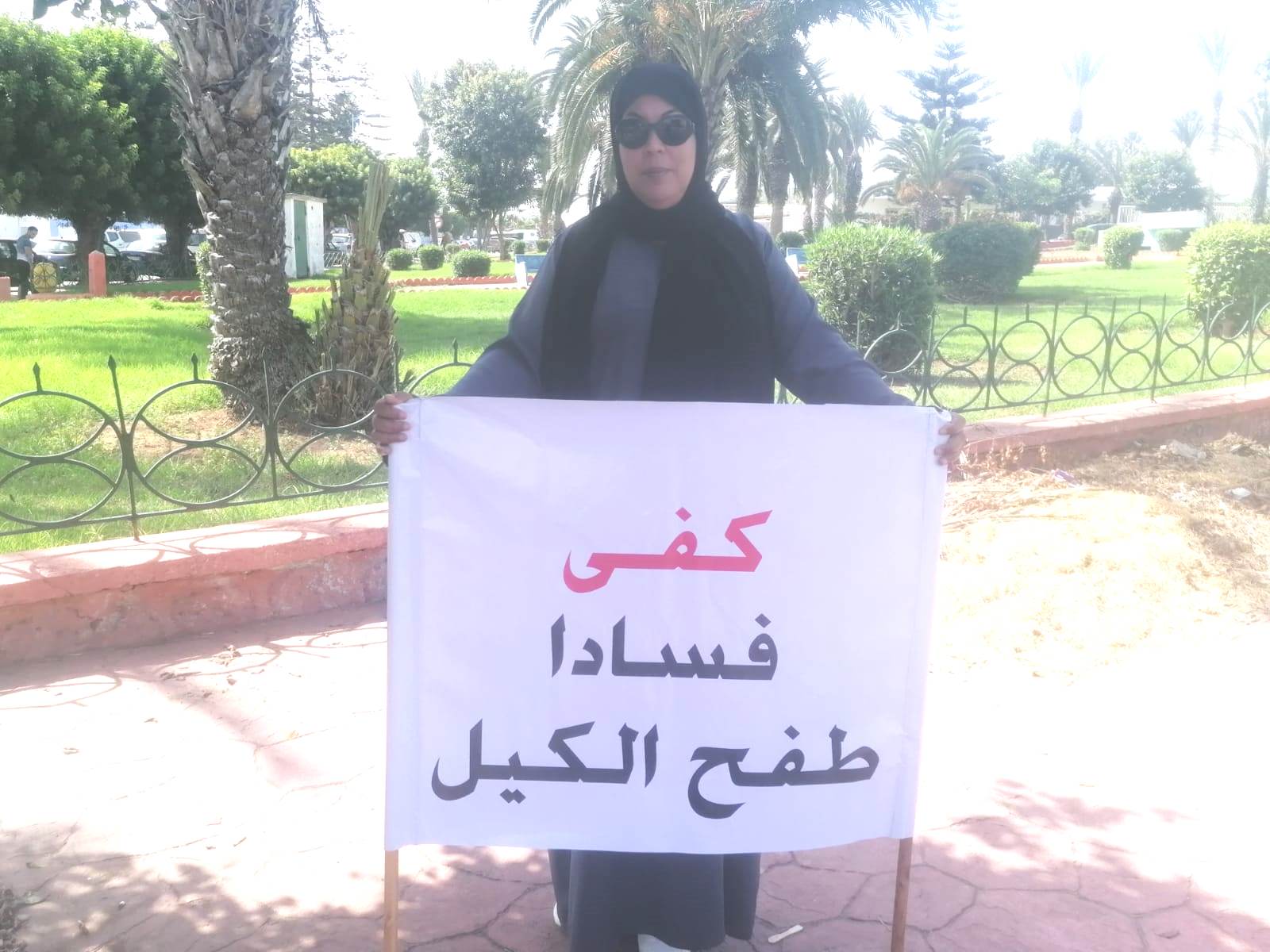 ستينية تتظاهر بشكل حضاري في الشارع العام بالجديدة ضد الفساد