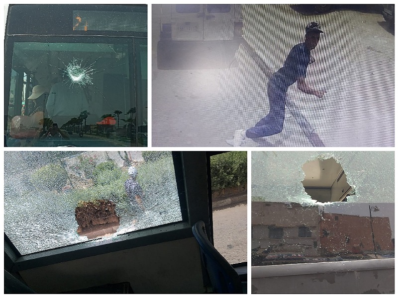 بالصور.. منحرف خطير يخرب حافلتين للنقل الحضري في الشارع العام بمدينة آزمور