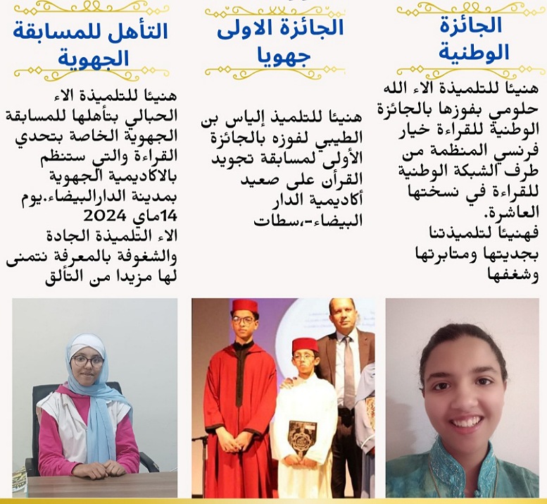 تلاميذ مؤسسة البلسم الخاصة بالجديدة يتألقون وطنيا وجهويا في مجموعة من المسابقات التربوية والثقافية